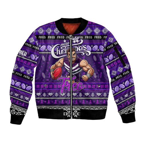 Personalized Freo Rugby Xmas Sleeve Zip Bomber Jacket Australia AFL Mascot