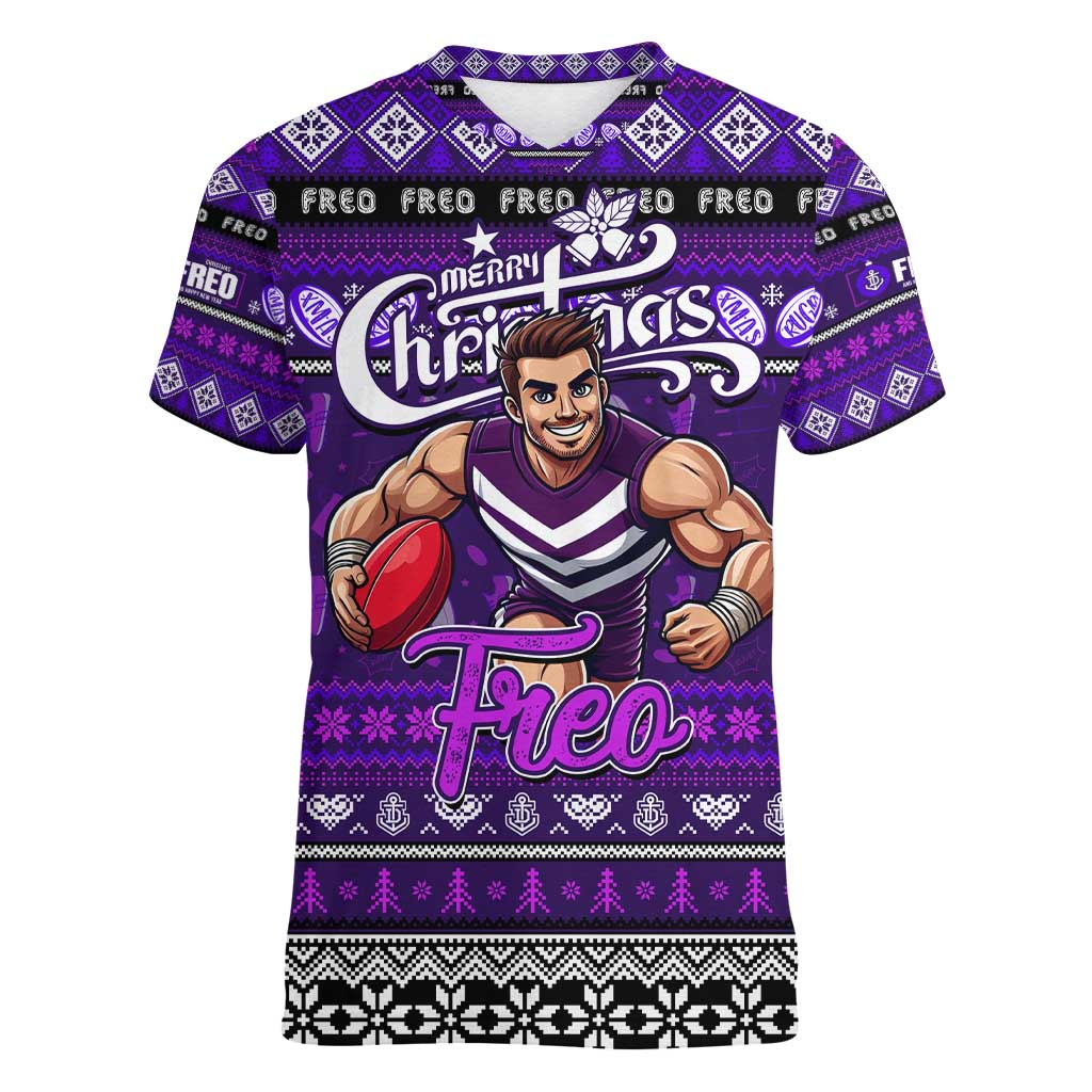 Personalized Freo Rugby Xmas Women V-Neck T-Shirt Australia AFL Mascot