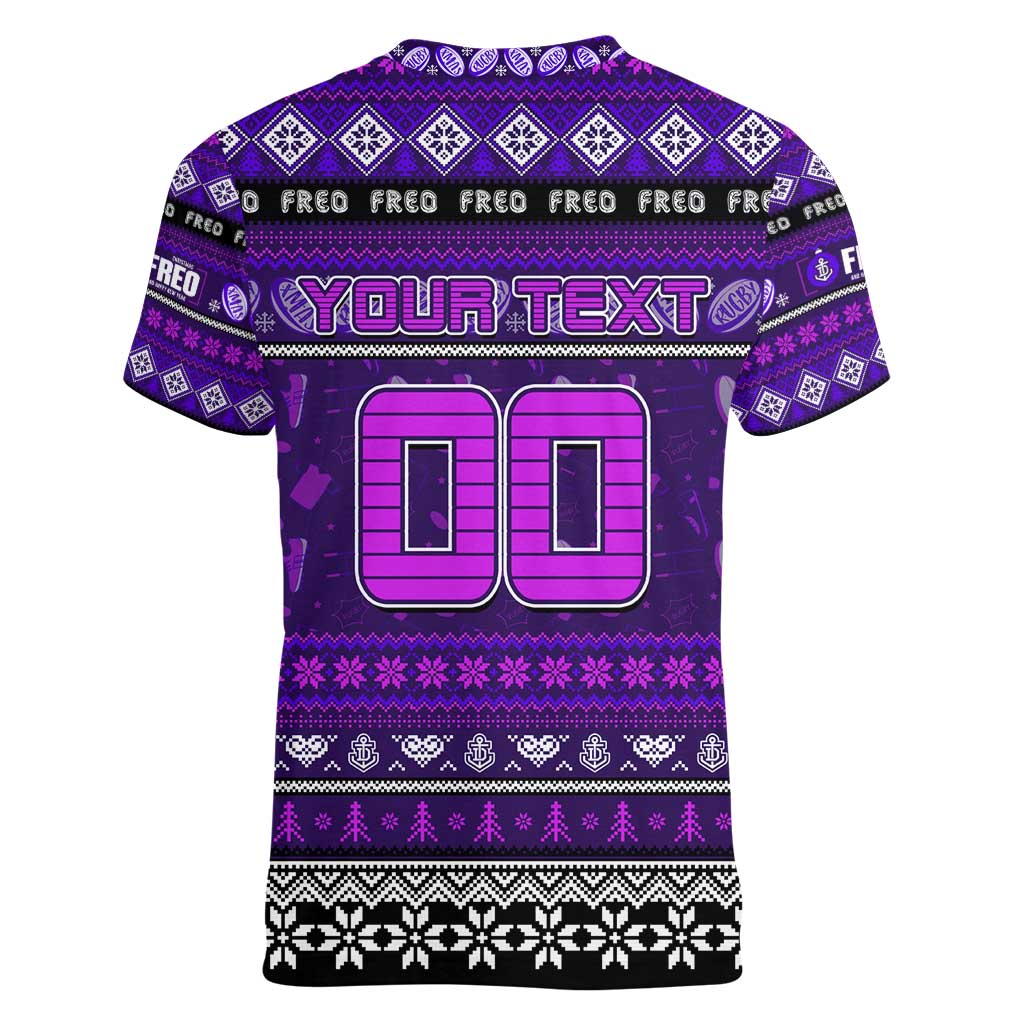 Personalized Freo Rugby Xmas Women V-Neck T-Shirt Australia AFL Mascot