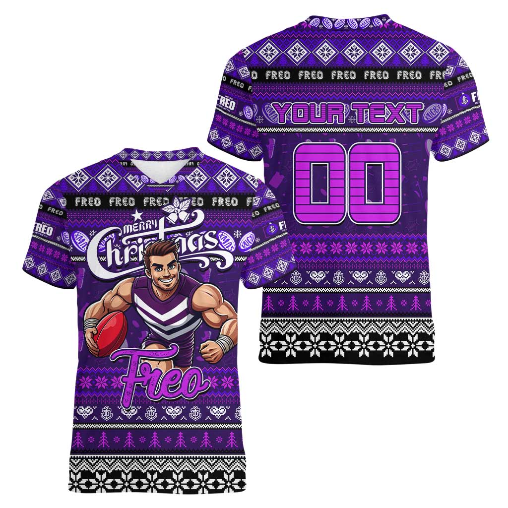 Personalized Freo Rugby Xmas Women V-Neck T-Shirt Australia AFL Mascot