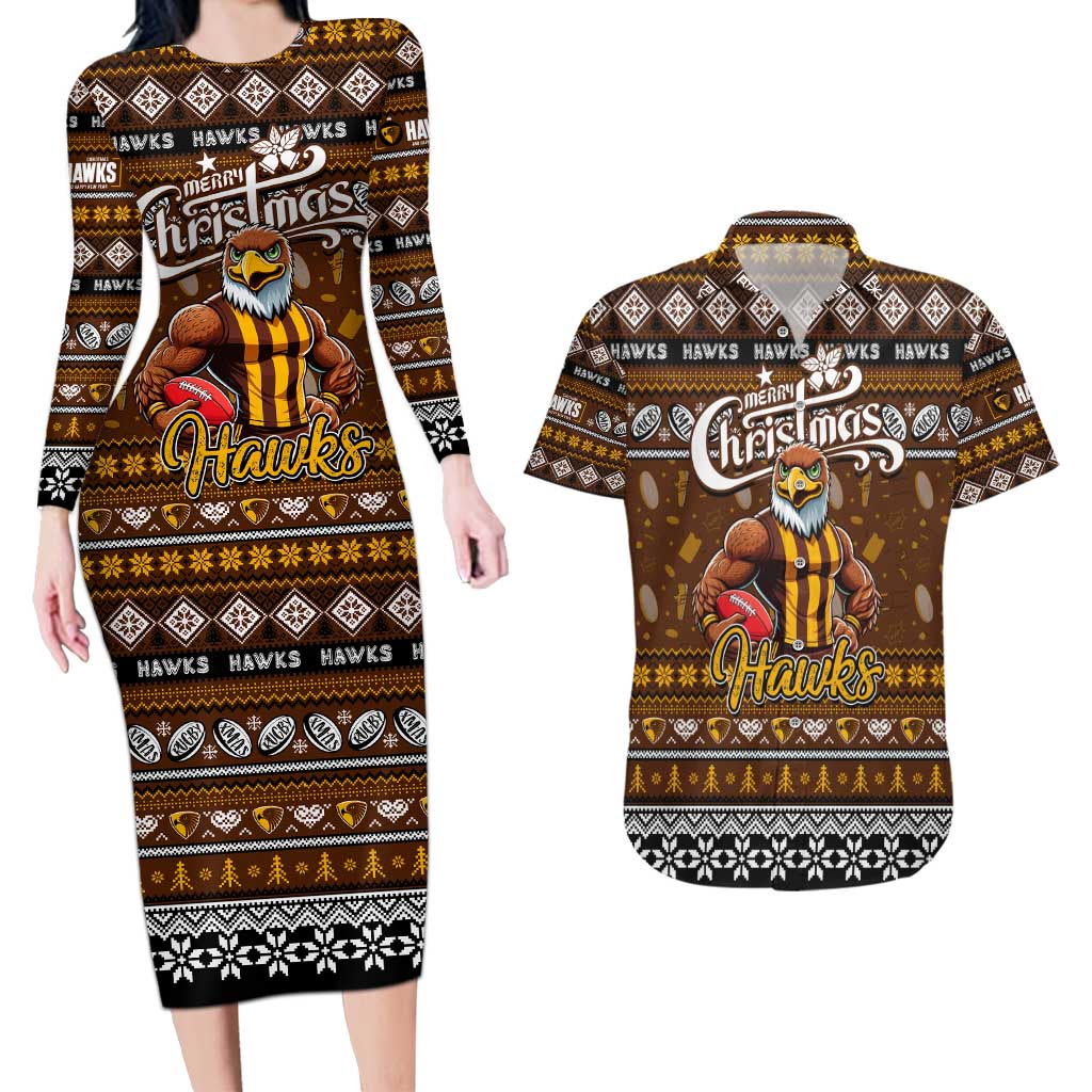 Personalized Hawks Rugby Xmas Couples Matching Long Sleeve Bodycon Dress and Hawaiian Shirt Australia AFL Mascot