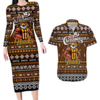 Personalized Hawks Rugby Xmas Couples Matching Long Sleeve Bodycon Dress and Hawaiian Shirt Australia AFL Mascot