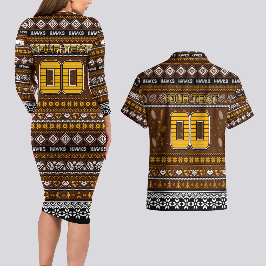 Personalized Hawks Rugby Xmas Couples Matching Long Sleeve Bodycon Dress and Hawaiian Shirt Australia AFL Mascot