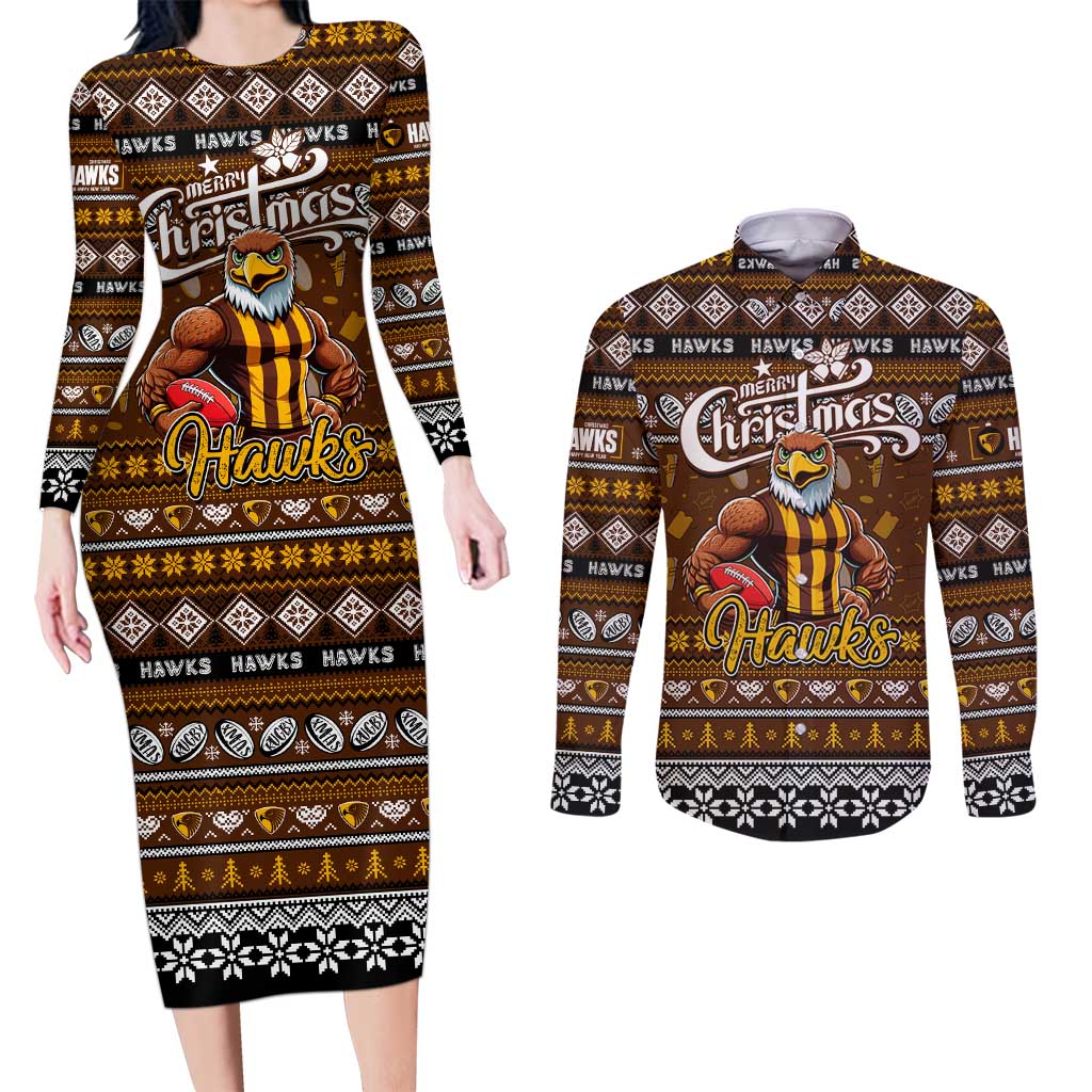 Personalized Hawks Rugby Xmas Couples Matching Long Sleeve Bodycon Dress and Long Sleeve Button Shirt Australia AFL Mascot