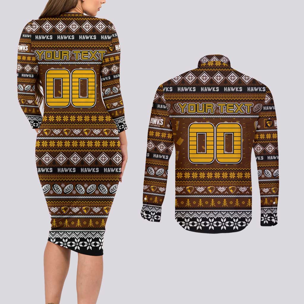 Personalized Hawks Rugby Xmas Couples Matching Long Sleeve Bodycon Dress and Long Sleeve Button Shirt Australia AFL Mascot