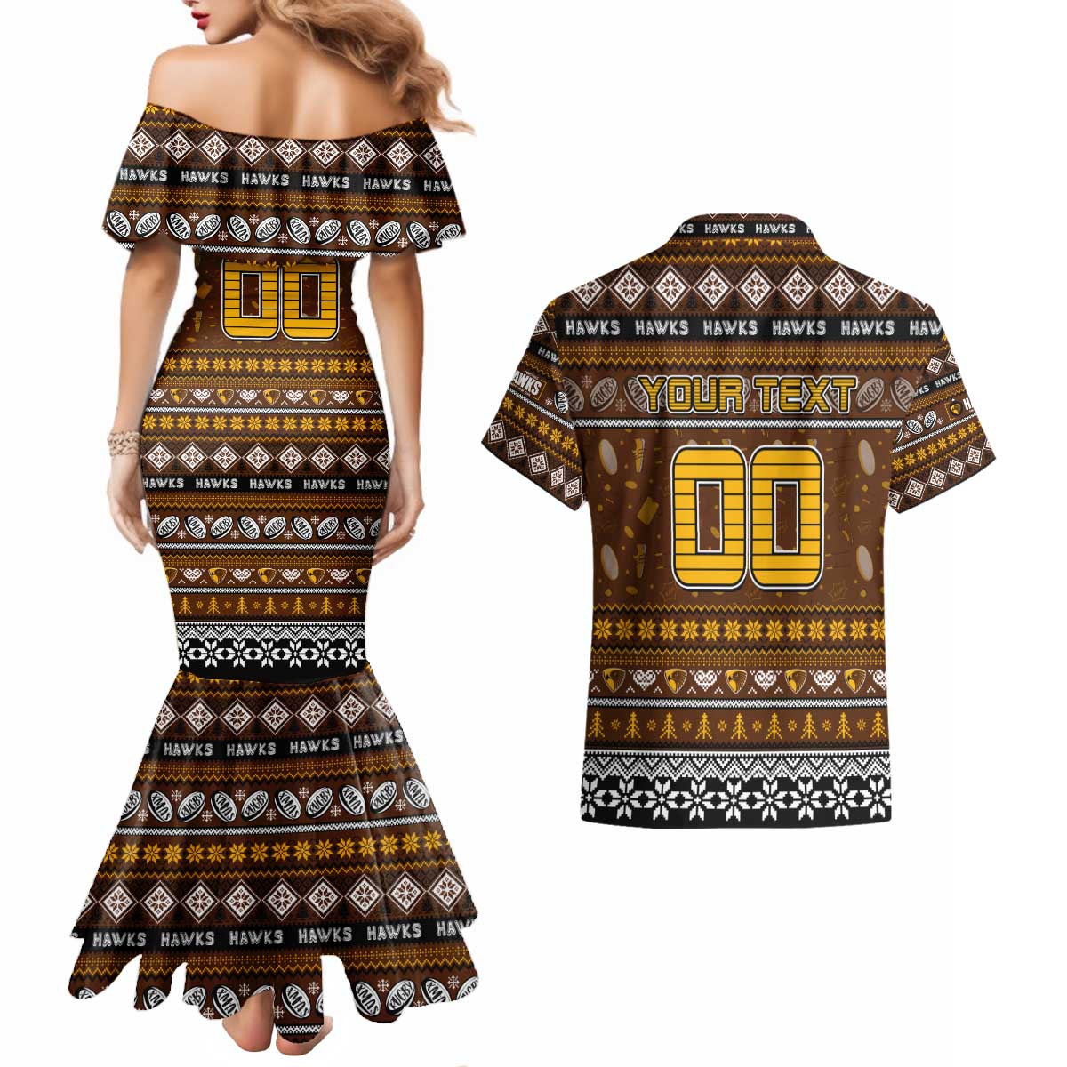 Personalized Hawks Rugby Xmas Couples Matching Mermaid Dress and Hawaiian Shirt Australia AFL Mascot