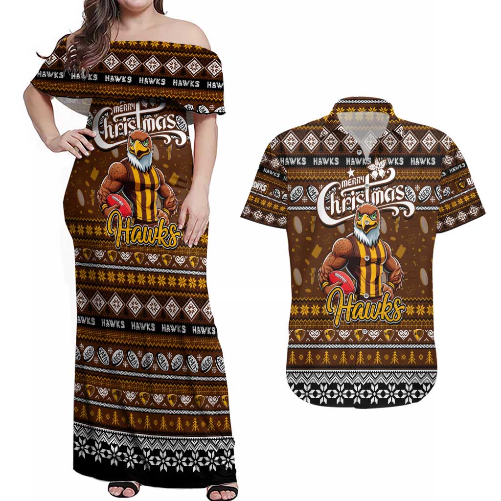 Personalized Hawks Rugby Xmas Couples Matching Off Shoulder Maxi Dress and Hawaiian Shirt Australia AFL Mascot