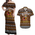 Personalized Hawks Rugby Xmas Couples Matching Off Shoulder Maxi Dress and Hawaiian Shirt Australia AFL Mascot