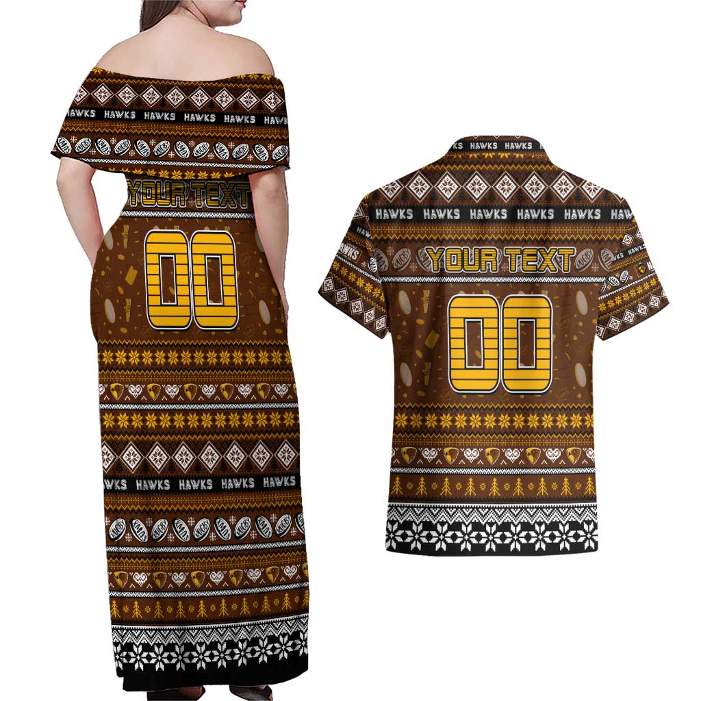 Personalized Hawks Rugby Xmas Couples Matching Off Shoulder Maxi Dress and Hawaiian Shirt Australia AFL Mascot