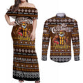 Personalized Hawks Rugby Xmas Couples Matching Off Shoulder Maxi Dress and Long Sleeve Button Shirt Australia AFL Mascot