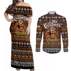 Personalized Hawks Rugby Xmas Couples Matching Off Shoulder Maxi Dress and Long Sleeve Button Shirt Australia AFL Mascot