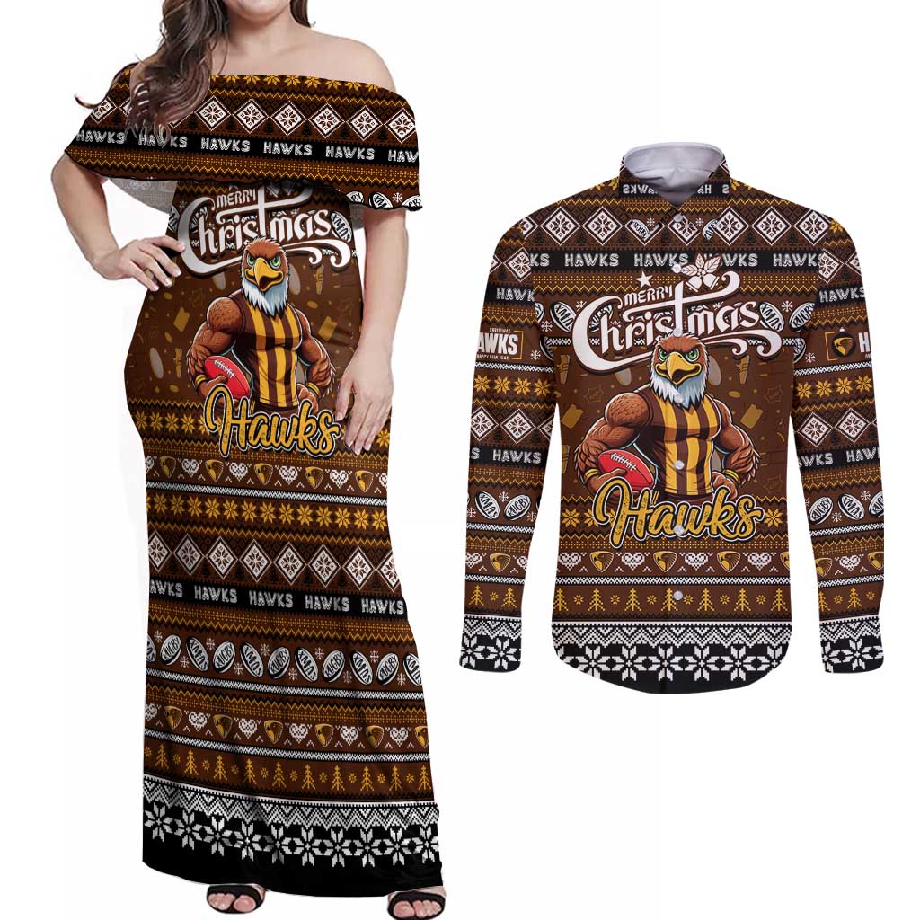 Personalized Hawks Rugby Xmas Couples Matching Off Shoulder Maxi Dress and Long Sleeve Button Shirt Australia AFL Mascot