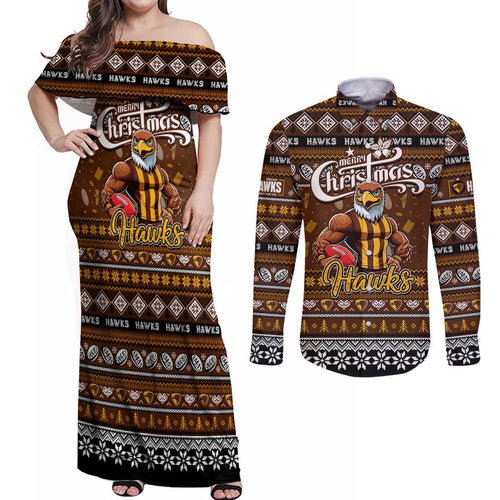Personalized Hawks Rugby Xmas Couples Matching Off Shoulder Maxi Dress and Long Sleeve Button Shirt Australia AFL Mascot