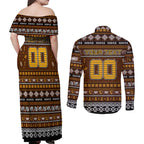Personalized Hawks Rugby Xmas Couples Matching Off Shoulder Maxi Dress and Long Sleeve Button Shirt Australia AFL Mascot