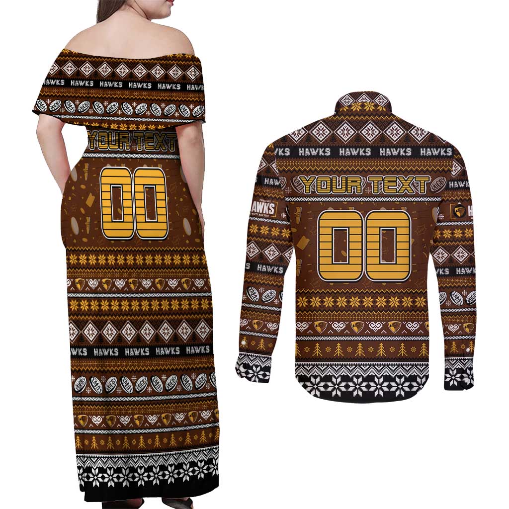 Personalized Hawks Rugby Xmas Couples Matching Off Shoulder Maxi Dress and Long Sleeve Button Shirt Australia AFL Mascot