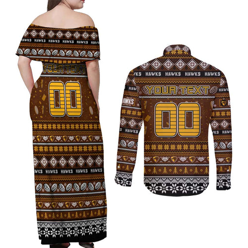 Personalized Hawks Rugby Xmas Couples Matching Off Shoulder Maxi Dress and Long Sleeve Button Shirt Australia AFL Mascot