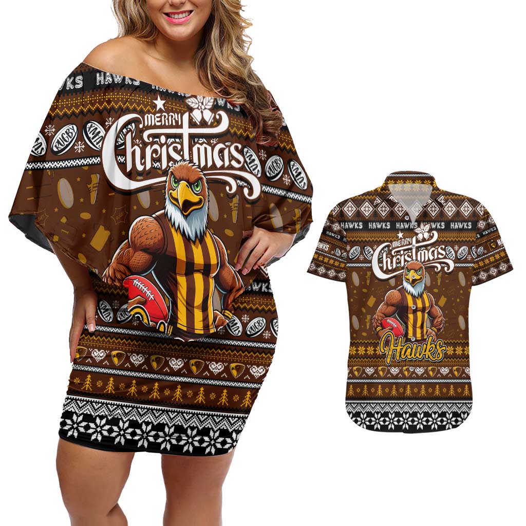Personalized Hawks Rugby Xmas Couples Matching Off Shoulder Short Dress and Hawaiian Shirt Australia AFL Mascot