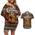 Personalized Hawks Rugby Xmas Couples Matching Off Shoulder Short Dress and Hawaiian Shirt Australia AFL Mascot