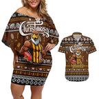Personalized Hawks Rugby Xmas Couples Matching Off Shoulder Short Dress and Hawaiian Shirt Australia AFL Mascot
