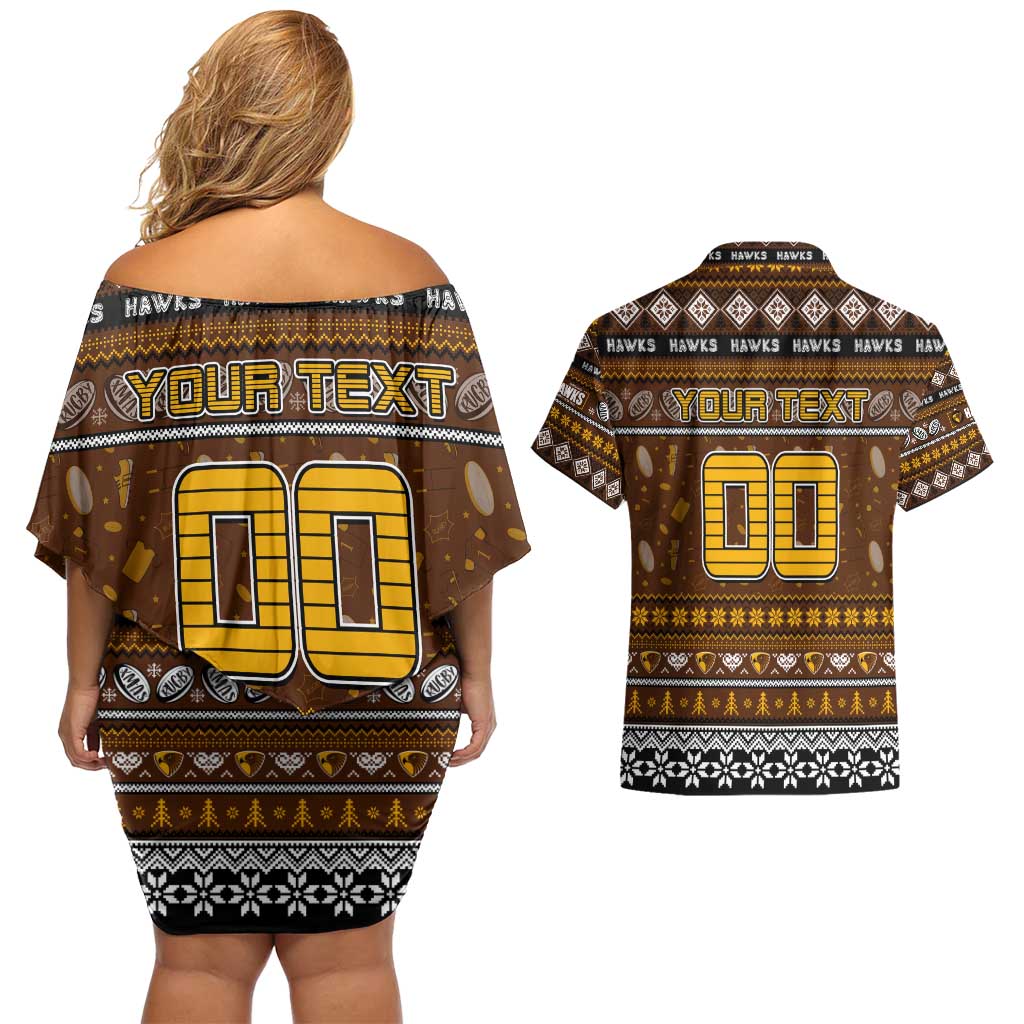 Personalized Hawks Rugby Xmas Couples Matching Off Shoulder Short Dress and Hawaiian Shirt Australia AFL Mascot