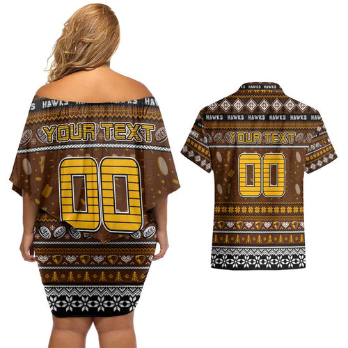 Personalized Hawks Rugby Xmas Couples Matching Off Shoulder Short Dress and Hawaiian Shirt Australia AFL Mascot