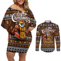 Personalized Hawks Rugby Xmas Couples Matching Off Shoulder Short Dress and Long Sleeve Button Shirt Australia AFL Mascot