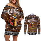Personalized Hawks Rugby Xmas Couples Matching Off Shoulder Short Dress and Long Sleeve Button Shirt Australia AFL Mascot
