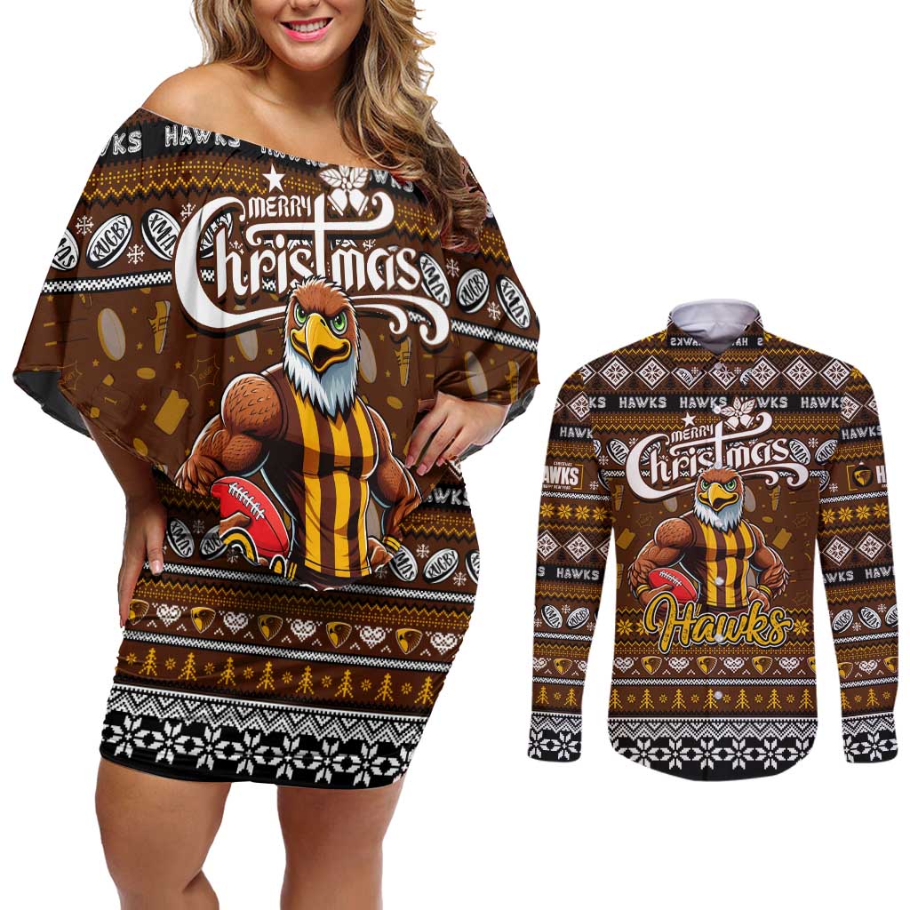 Personalized Hawks Rugby Xmas Couples Matching Off Shoulder Short Dress and Long Sleeve Button Shirt Australia AFL Mascot