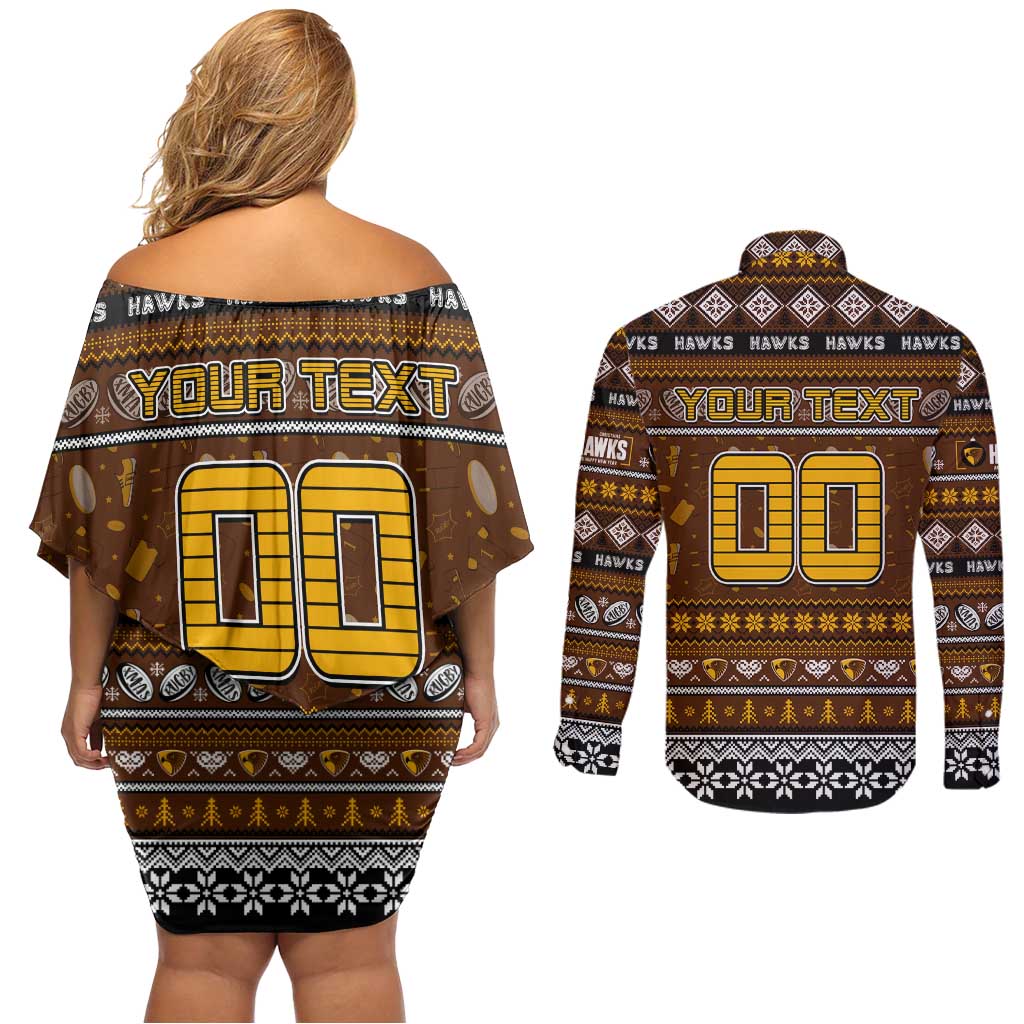 Personalized Hawks Rugby Xmas Couples Matching Off Shoulder Short Dress and Long Sleeve Button Shirt Australia AFL Mascot