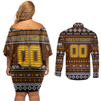 Personalized Hawks Rugby Xmas Couples Matching Off Shoulder Short Dress and Long Sleeve Button Shirt Australia AFL Mascot