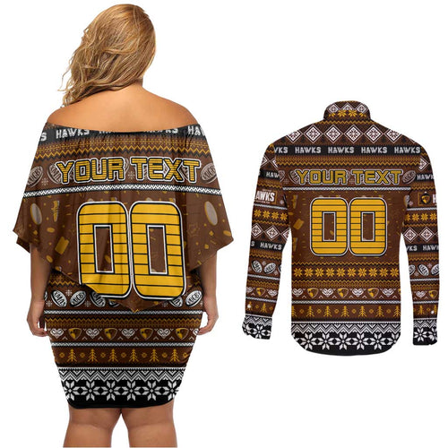 Personalized Hawks Rugby Xmas Couples Matching Off Shoulder Short Dress and Long Sleeve Button Shirt Australia AFL Mascot