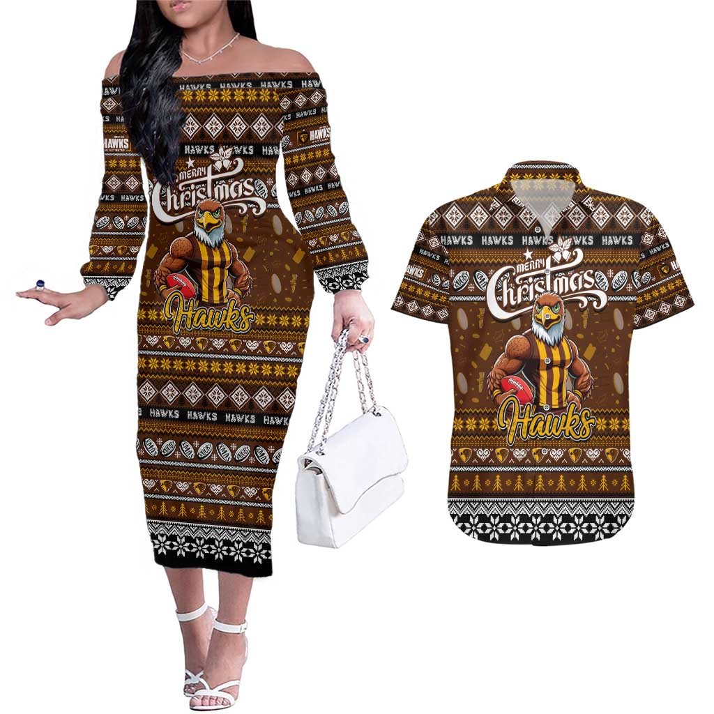 Personalized Hawks Rugby Xmas Couples Matching Off The Shoulder Long Sleeve Dress and Hawaiian Shirt Australia AFL Mascot