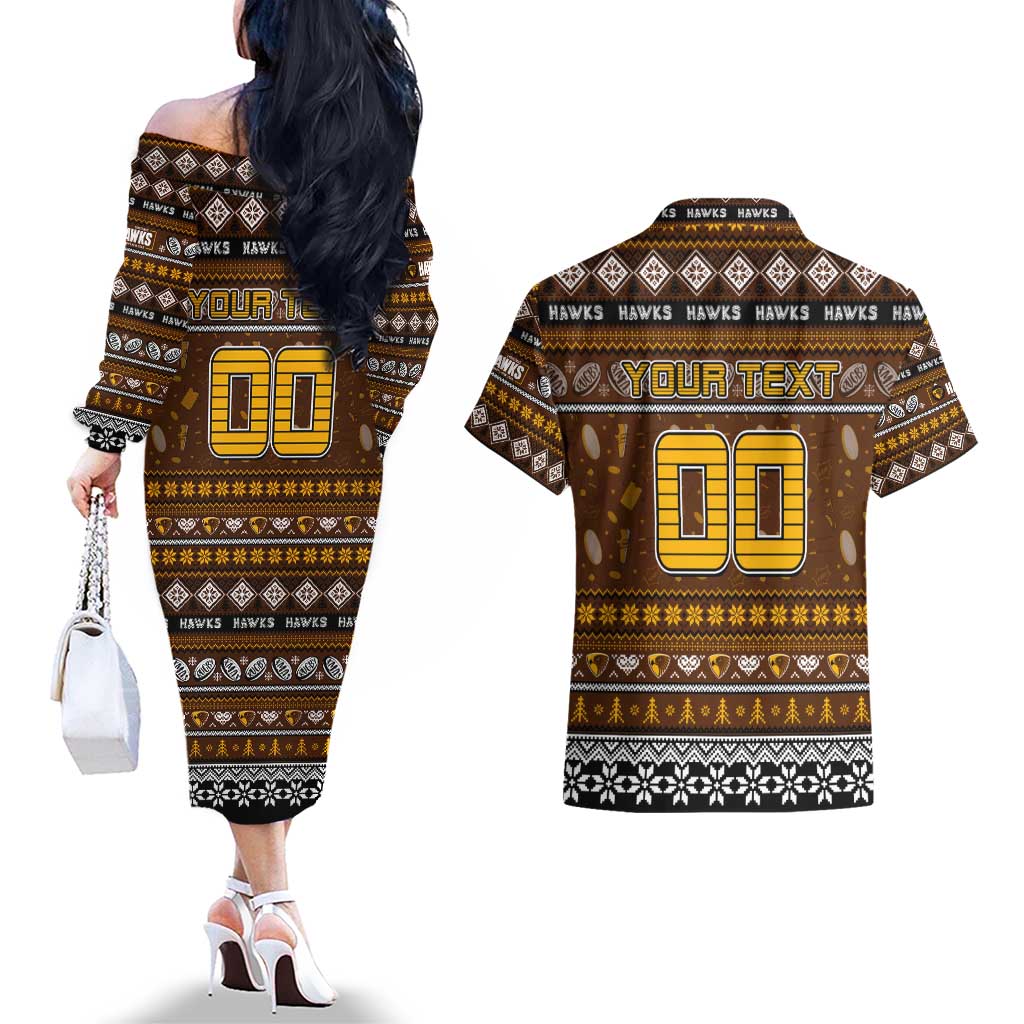Personalized Hawks Rugby Xmas Couples Matching Off The Shoulder Long Sleeve Dress and Hawaiian Shirt Australia AFL Mascot