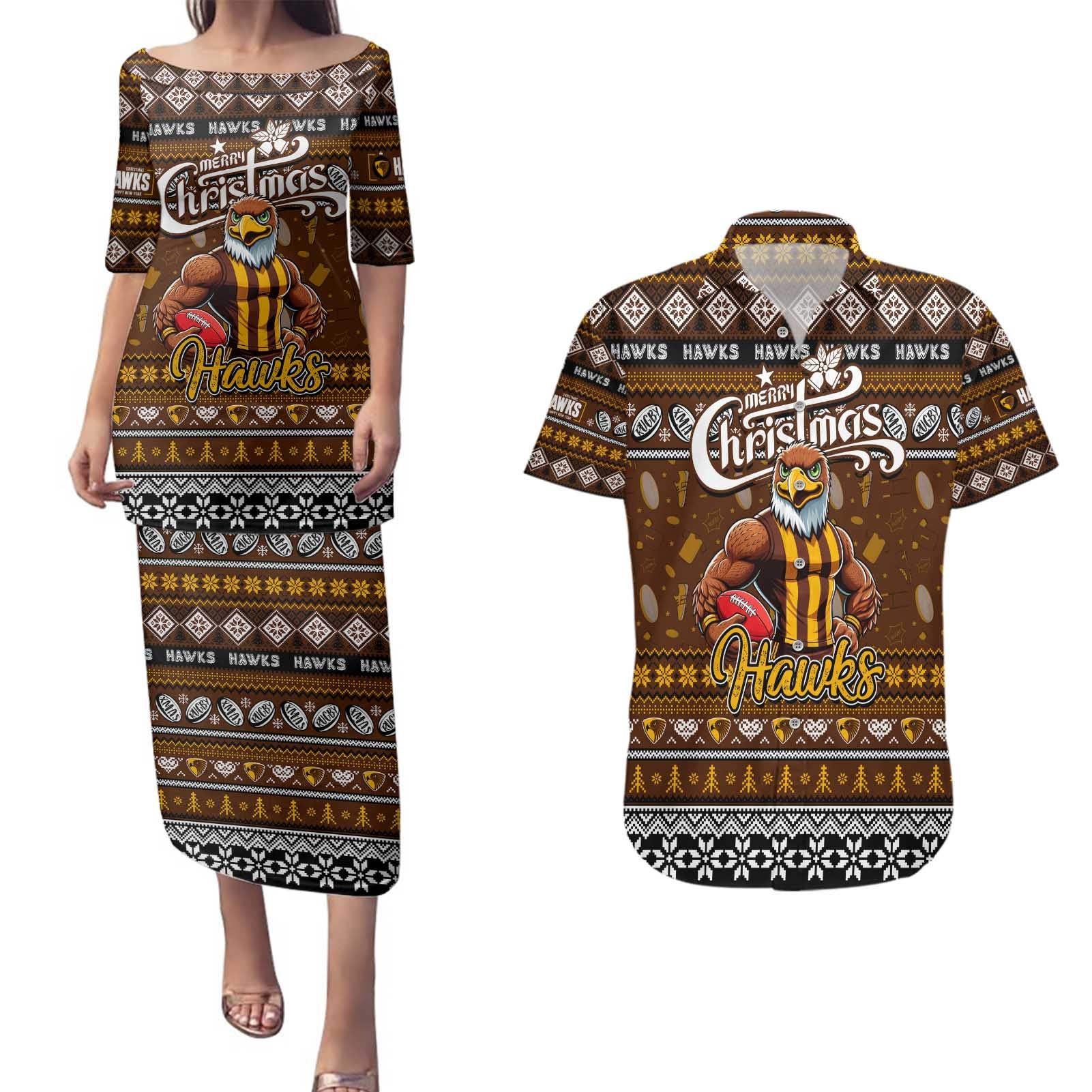 Personalized Hawks Rugby Xmas Couples Matching Puletasi and Hawaiian Shirt Australia AFL Mascot