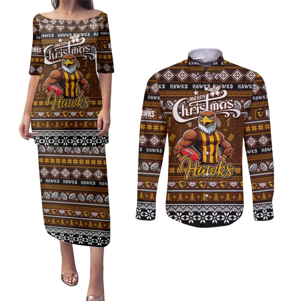 Personalized Hawks Rugby Xmas Couples Matching Puletasi and Long Sleeve Button Shirt Australia AFL Mascot