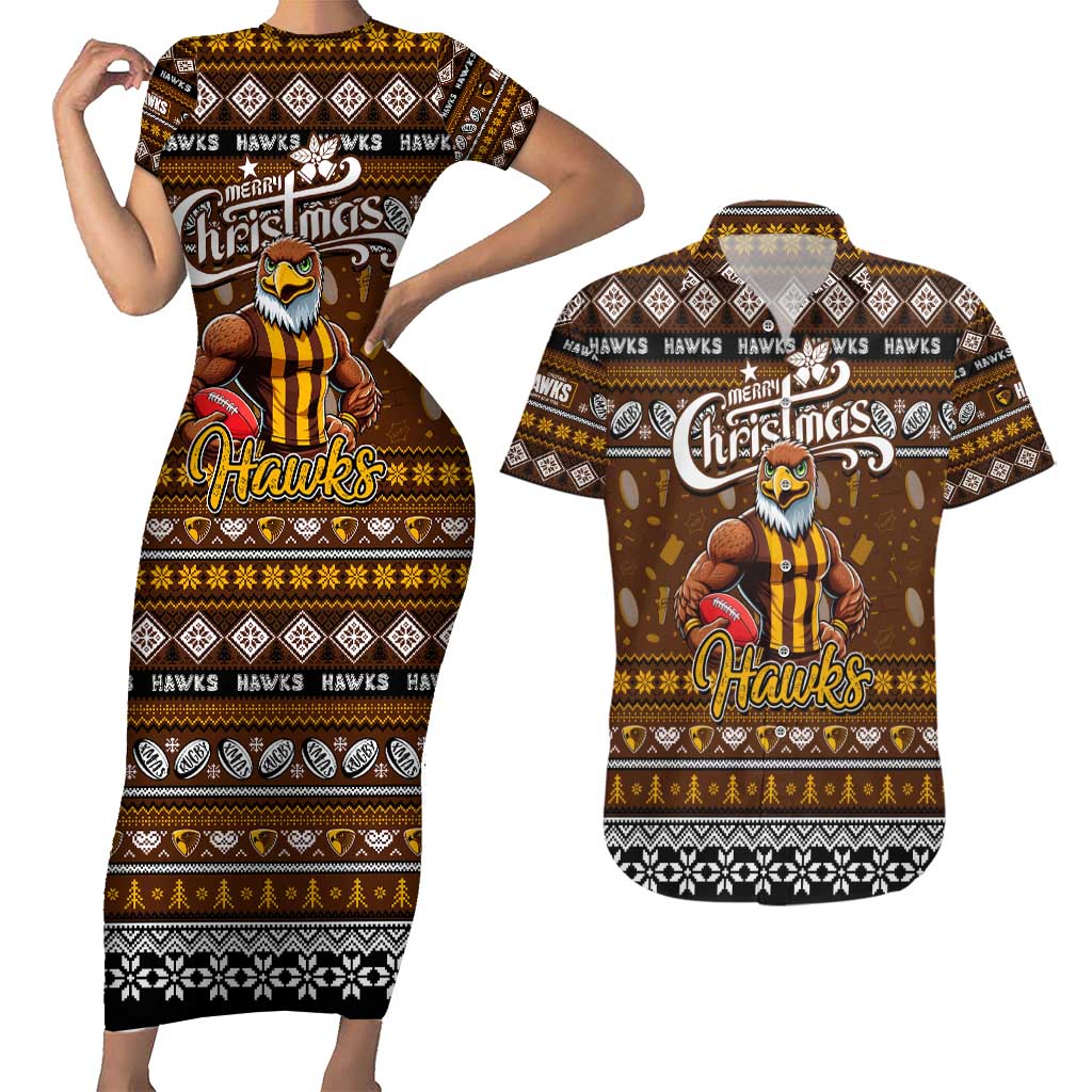 Personalized Hawks Rugby Xmas Couples Matching Short Sleeve Bodycon Dress and Hawaiian Shirt Australia AFL Mascot
