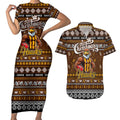 Personalized Hawks Rugby Xmas Couples Matching Short Sleeve Bodycon Dress and Hawaiian Shirt Australia AFL Mascot
