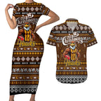 Personalized Hawks Rugby Xmas Couples Matching Short Sleeve Bodycon Dress and Hawaiian Shirt Australia AFL Mascot