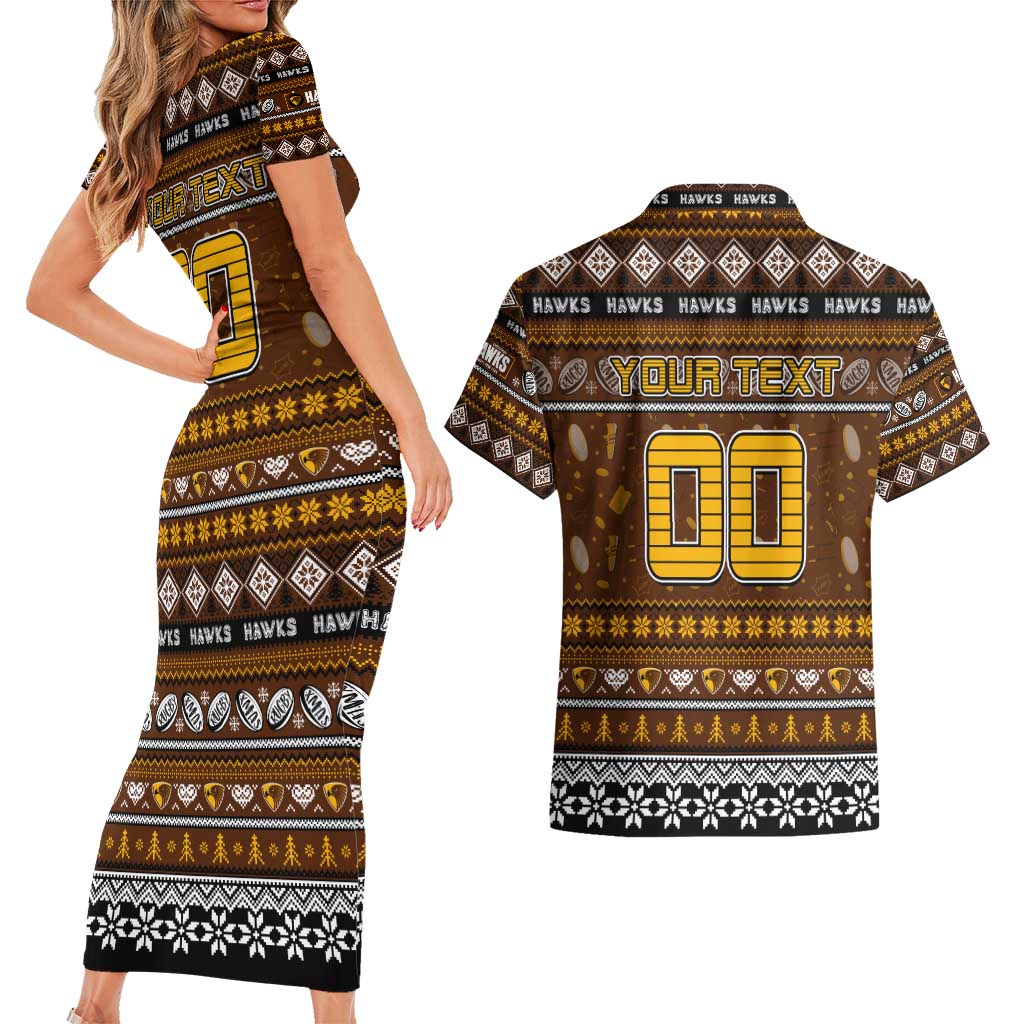 Personalized Hawks Rugby Xmas Couples Matching Short Sleeve Bodycon Dress and Hawaiian Shirt Australia AFL Mascot