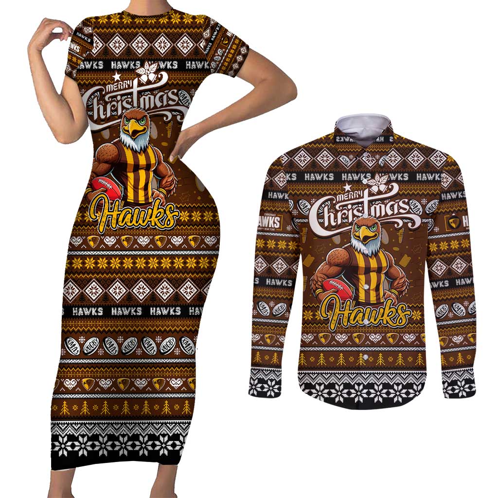 Personalized Hawks Rugby Xmas Couples Matching Short Sleeve Bodycon Dress and Long Sleeve Button Shirt Australia AFL Mascot