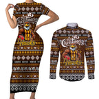 Personalized Hawks Rugby Xmas Couples Matching Short Sleeve Bodycon Dress and Long Sleeve Button Shirt Australia AFL Mascot
