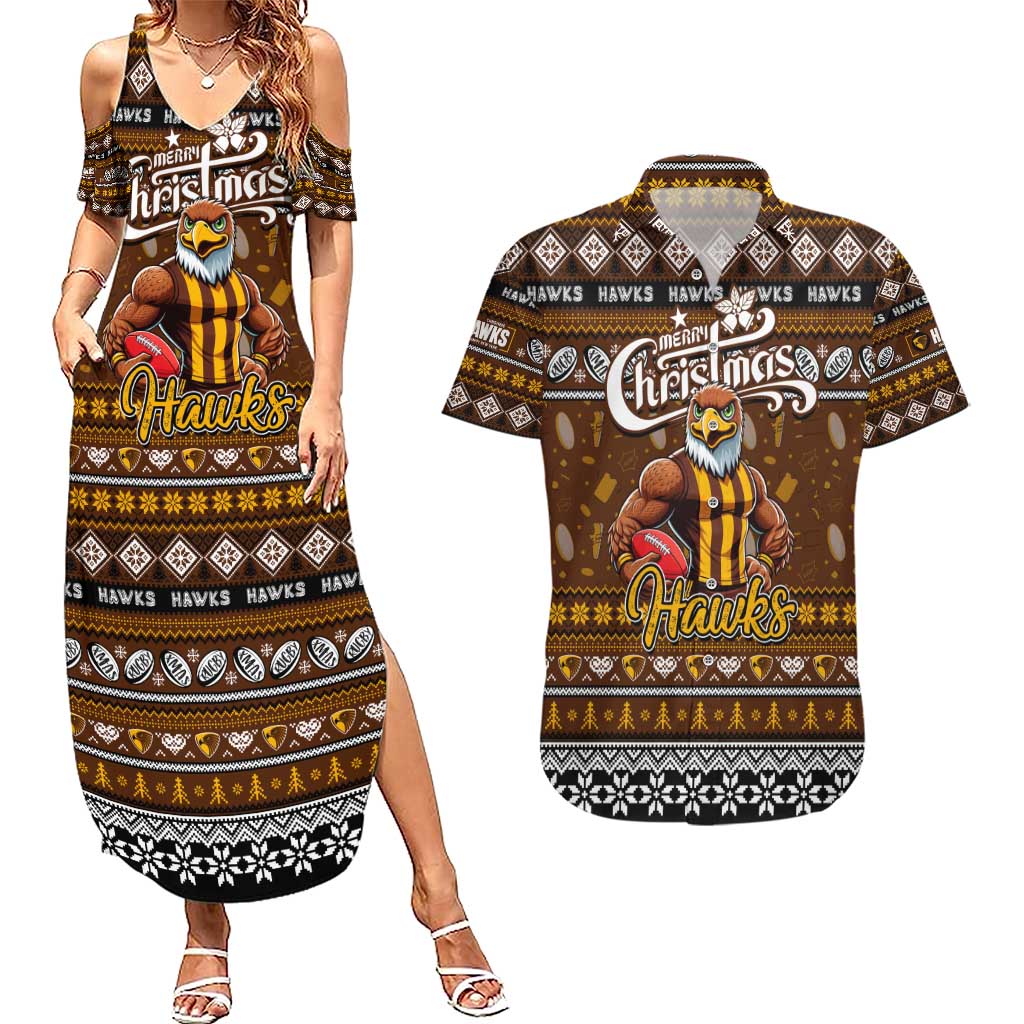 Personalized Hawks Rugby Xmas Couples Matching Summer Maxi Dress and Hawaiian Shirt Australia AFL Mascot