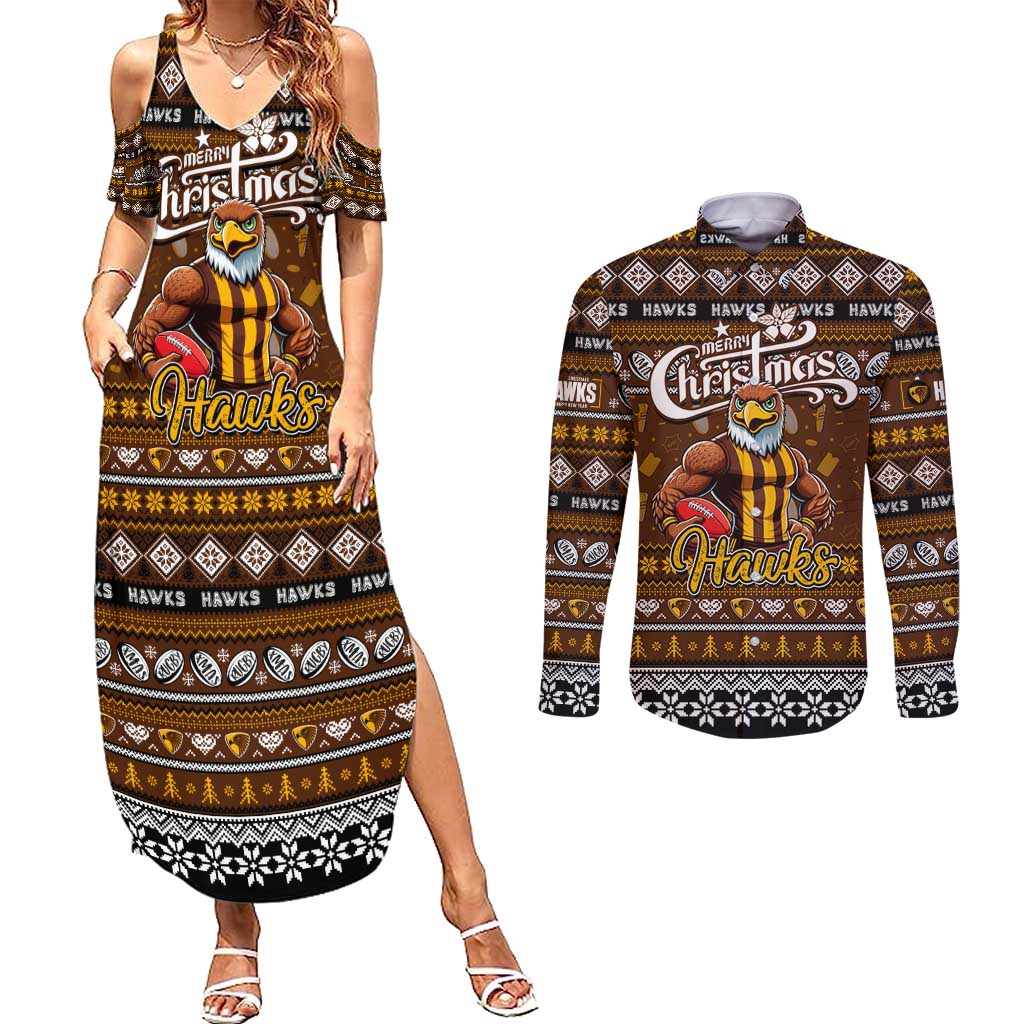 Personalized Hawks Rugby Xmas Couples Matching Summer Maxi Dress and Long Sleeve Button Shirt Australia AFL Mascot
