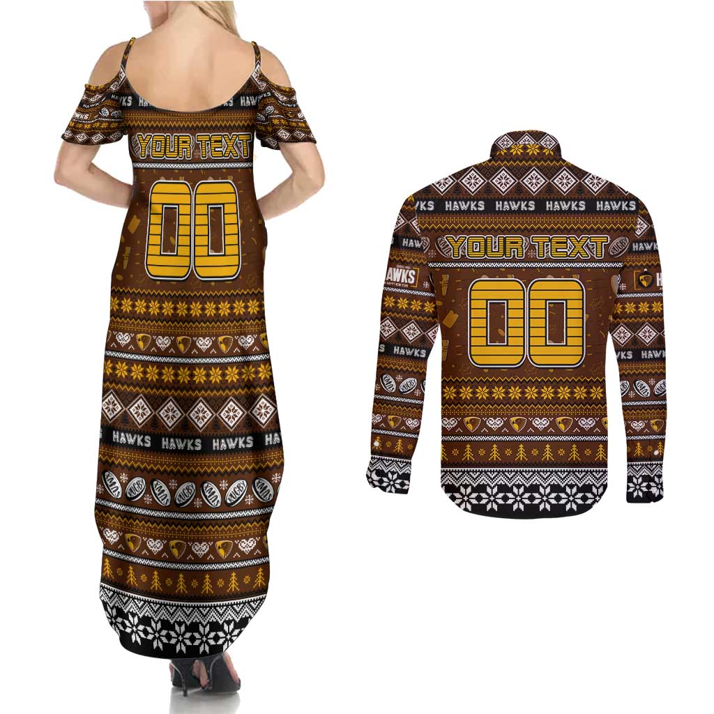 Personalized Hawks Rugby Xmas Couples Matching Summer Maxi Dress and Long Sleeve Button Shirt Australia AFL Mascot