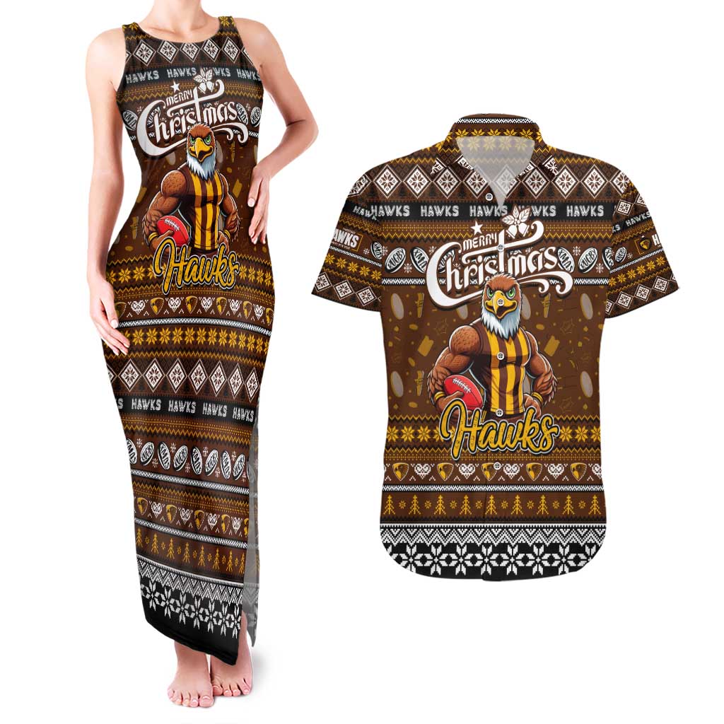 Personalized Hawks Rugby Xmas Couples Matching Tank Maxi Dress and Hawaiian Shirt Australia AFL Mascot