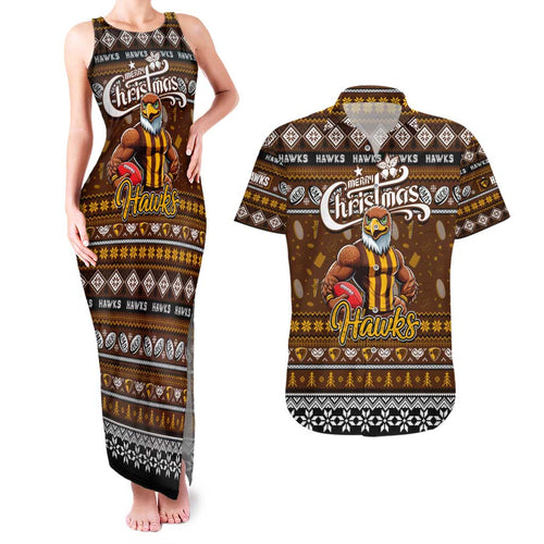Personalized Hawks Rugby Xmas Couples Matching Tank Maxi Dress and Hawaiian Shirt Australia AFL Mascot