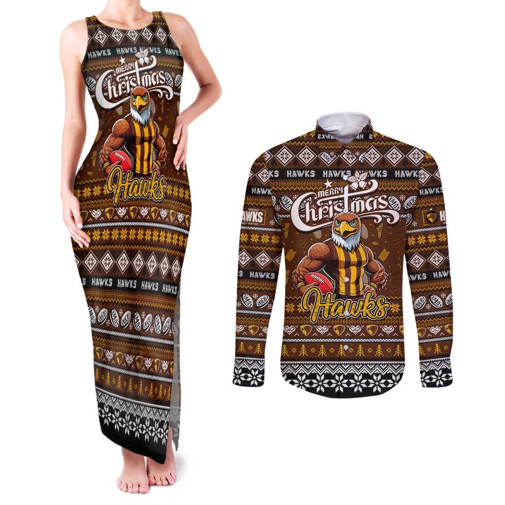 Personalized Hawks Rugby Xmas Couples Matching Tank Maxi Dress and Long Sleeve Button Shirt Australia AFL Mascot