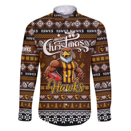 Personalized Hawks Rugby Xmas Family Matching Long Sleeve Bodycon Dress and Hawaiian Shirt Australia AFL Mascot