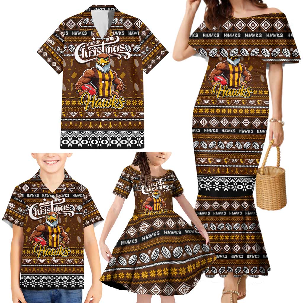 Personalized Hawks Rugby Xmas Family Matching Mermaid Dress and Hawaiian Shirt Australia AFL Mascot