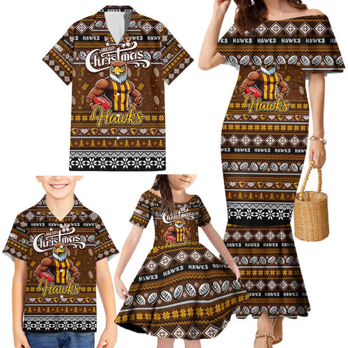 Personalized Hawks Rugby Xmas Family Matching Mermaid Dress and Hawaiian Shirt Australia AFL Mascot